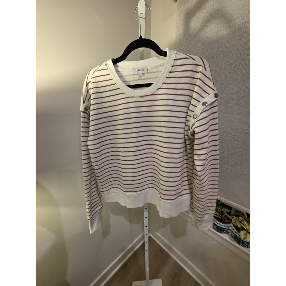 Evereve Womens L Striped Snap Shoulder Sweatshirt Cream Brown Preppy Nautical - Picture 11 of 14